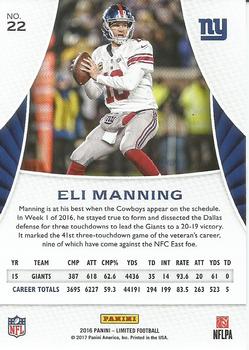 2016 Panini Limited #22 Eli Manning Back