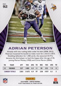 2016 Panini Limited #92 Adrian Peterson Back