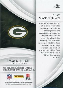 2016 Panini Immaculate Collection - Immaculate Numbers Memorabilia #CMA Clay Matthews Back