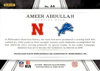 2016 Panini Immaculate Collection - Immaculate Past and Present Jerseys Prime Gold #AA Ameer Abdullah Back