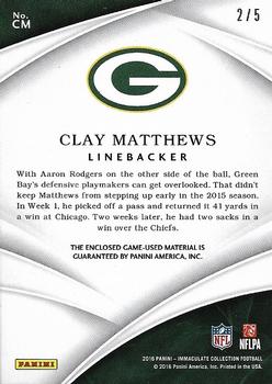 2016 Panini Immaculate Collection - Immaculate Patches #CM Clay Matthews Back