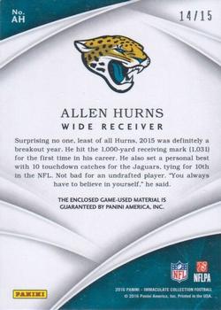 2016 Panini Immaculate Collection - Immaculate Patches #AH Allen Hurns Back