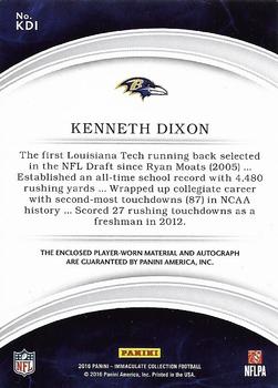 2016 Panini Immaculate Collection - Immaculate Signature Patches Rookie #KDI Kenneth Dixon Back