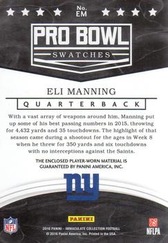 2016 Panini Immaculate Collection - Pro Bowl Swatches Brand Logo #EM Eli Manning Back