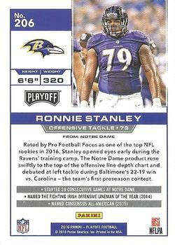 2016 Panini Playoff - Kickoff #206 Ronnie Stanley Back