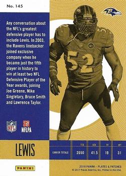 2016 Panini Plates & Patches #145 Ray Lewis Back