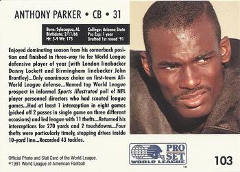 1991 Pro Set WLAF #103 Anthony Parker Back