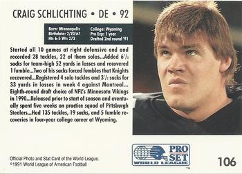 1991 Pro Set WLAF #106 Craig Schlichting Back