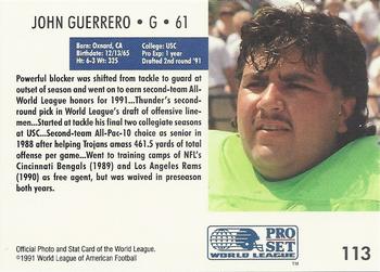 1991 Pro Set WLAF #113 John Guerrero Back