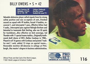 1991 Pro Set WLAF #116 Billy Owens Back