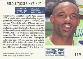 1991 Pro Set WLAF #119 Erroll Tucker Back