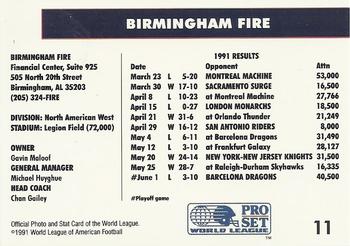 1991 Pro Set WLAF #11 Birmingham Fire Back