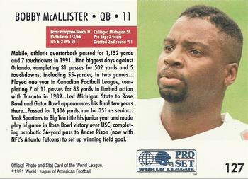 1991 Pro Set WLAF #127 Bobby McAllister Back