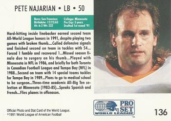 1991 Pro Set WLAF #136 Pete Najarian Back
