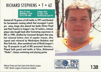 1991 Pro Set WLAF #138 Richard Stephens Back
