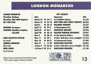 1991 Pro Set WLAF #13 London Monarchs Back