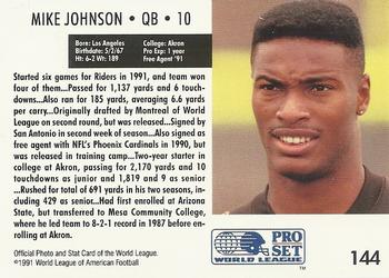 1991 Pro Set WLAF #144 Mike Johnson Back