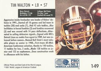 1991 Pro Set WLAF #149 Tim Walton Back