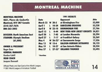 1991 Pro Set WLAF #14 Montreal Machine Back