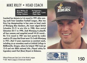 1991 Pro Set WLAF #150 Mike Riley Back