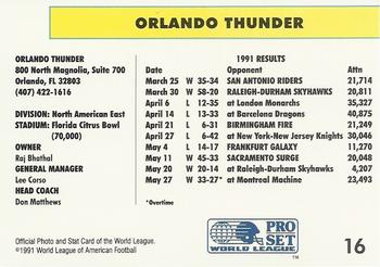 1991 Pro Set WLAF #16 Orlando Thunder Back