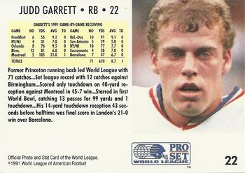 1991 Pro Set WLAF #22 Judd Garrett Back