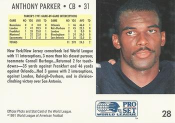 1991 Pro Set WLAF #28 Anthony Parker Back
