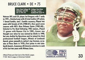 1991 Pro Set WLAF #33 Bruce Clark Back
