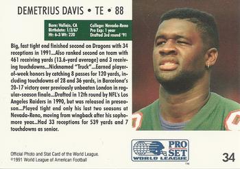 1991 Pro Set WLAF #34 Demetrius Davis Back