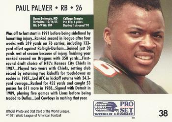 1991 Pro Set WLAF #38 Paul Palmer Back