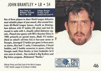 1991 Pro Set WLAF #46 John Brantley Back