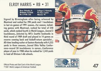 1991 Pro Set WLAF #47 Elroy Harris Back