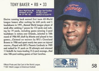 1991 Pro Set WLAF #58 Tony Baker Back