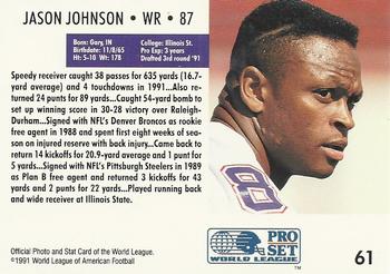 1991 Pro Set WLAF #61 Jason Johnson Back