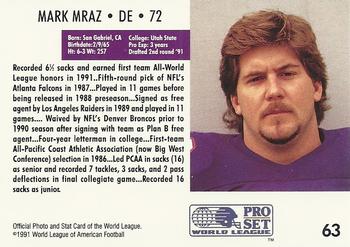 1991 Pro Set WLAF #63 Mark Mraz Back