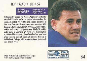 1991 Pro Set WLAF #64 Yepi Pau'u Back