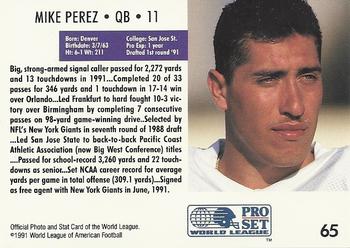 1991 Pro Set WLAF #65 Mike Perez Back