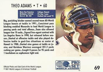 1991 Pro Set WLAF #69 Theo Adams Back