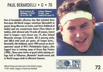 1991 Pro Set WLAF #72 Paul Berardelli Back