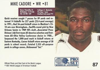 1991 Pro Set WLAF #87 Mike Cadore Back