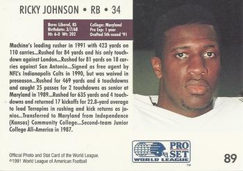 1991 Pro Set WLAF #89 Ricky Johnson Back