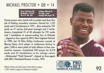 1991 Pro Set WLAF #92 Michael Proctor Back
