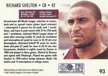 1991 Pro Set WLAF #93 Richard Shelton Back