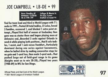1991 Pro Set WLAF #97 Joe Campbell Back