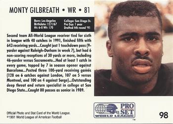 1991 Pro Set WLAF #98 Monty Gilbreath Back