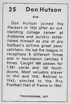 1977 Touchdown Club #25 Don Hutson Back