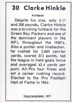 1977 Touchdown Club #30 Clarke Hinkle Back