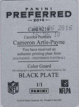 2016 Panini Preferred - Printing Plates Black #219 Cameron Artis-Payne Back