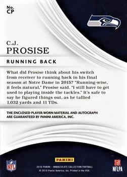 2016 Panini Immaculate Collection - Premium Patch Rookies Autographs Gold #CP C.J. Prosise Back