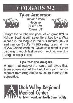 1992 BYU Cougars Safety #NNO Tyler Anderson Back